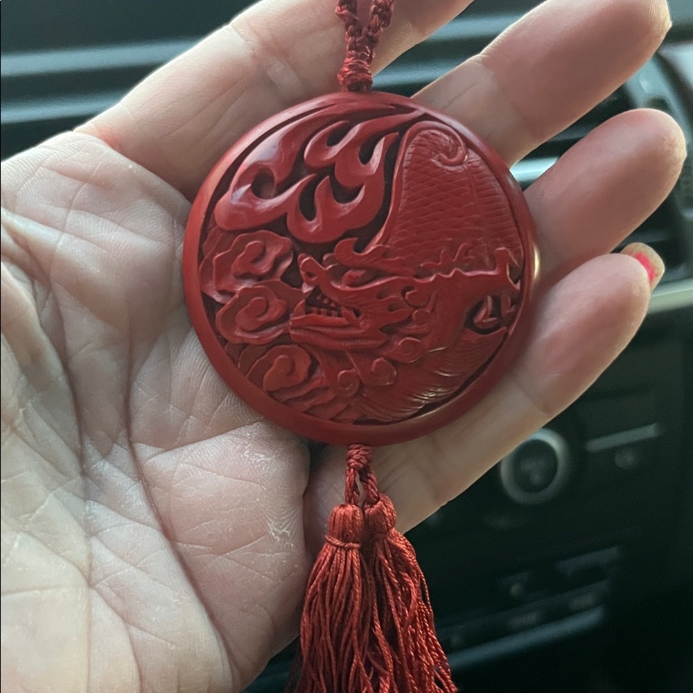 Vintage Red Carved Dragon Pendant Tassel Necklace